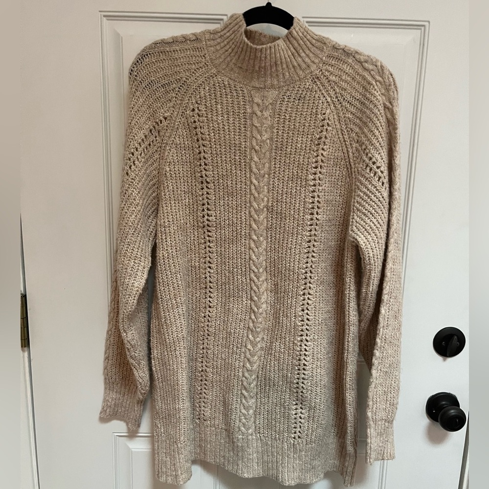 Lauren Conrad cableknit mock‎ neck sweater tan tunic size large soft lightweight